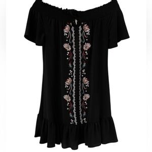 Love, Fire Dress Black Floral Embroidered Design Sz S/P Off Shoulder Ruffle Hem